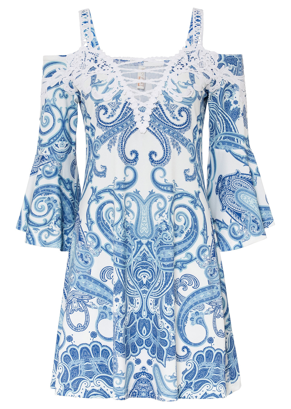 Φόρεμα με ακάλυπτους ώμους-Λευκό/Μπλε εμπριμέ-BODYFLIRT boutique