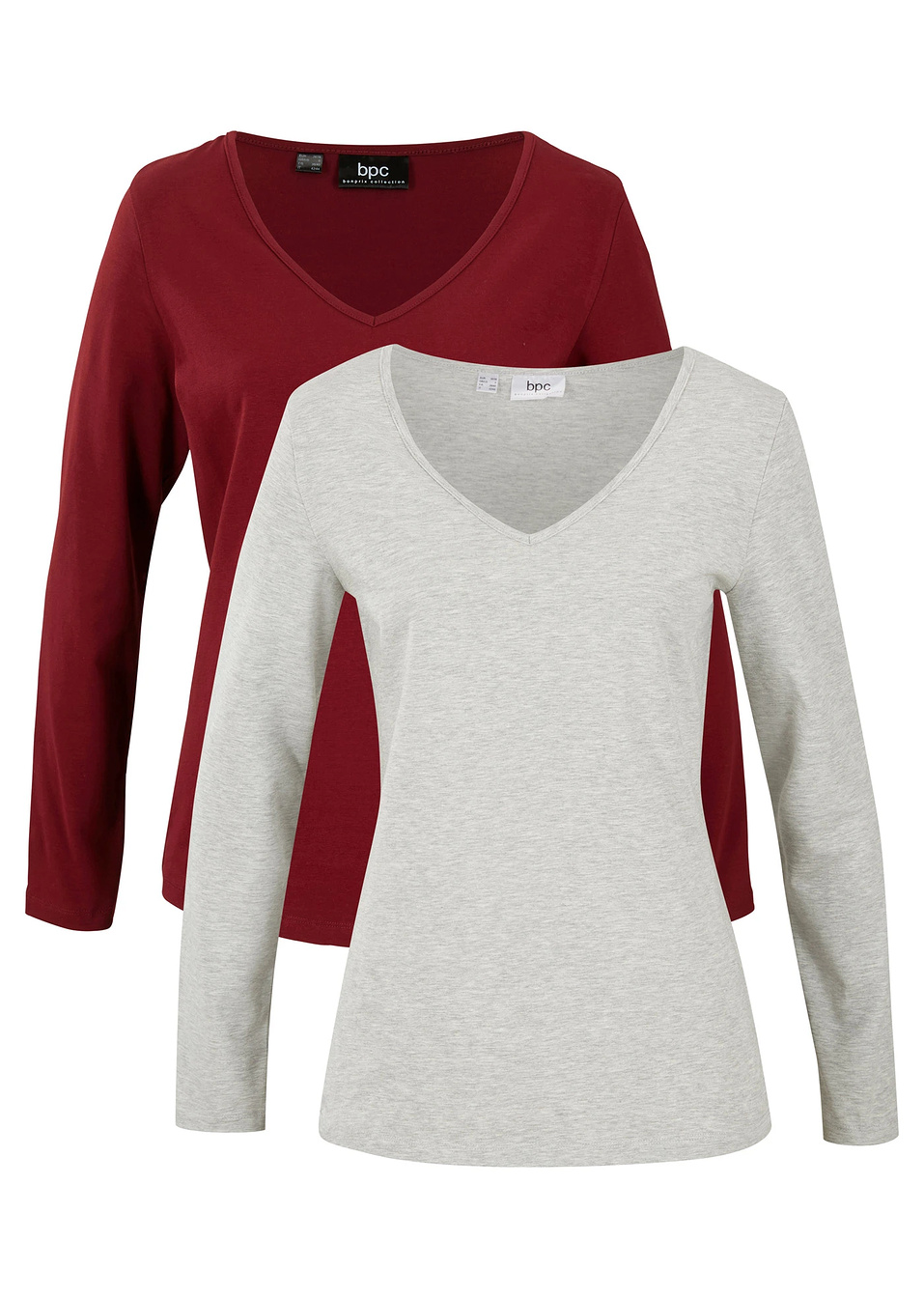 Μακρυμάνικη μπλούζα (συσκευασία των 2) με λαιμόκοψη V-Κόκκινο ρουμπινί + Γκρι ανοιχτό μελανζέ-bpc bonprix collection