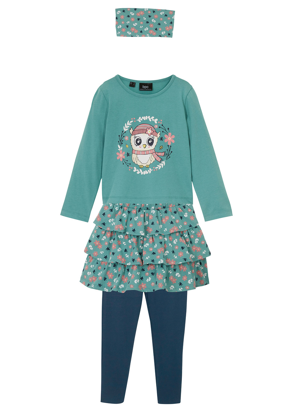 Μακρυμάνικη μπλούζα, φούστα, κολάν, κορδέλα μαλλιών (σετ 4 τεμ.)-Πράσινο του φασκόμηλου του καπνού/Μπλε σκούρο-bpc bonprix collection