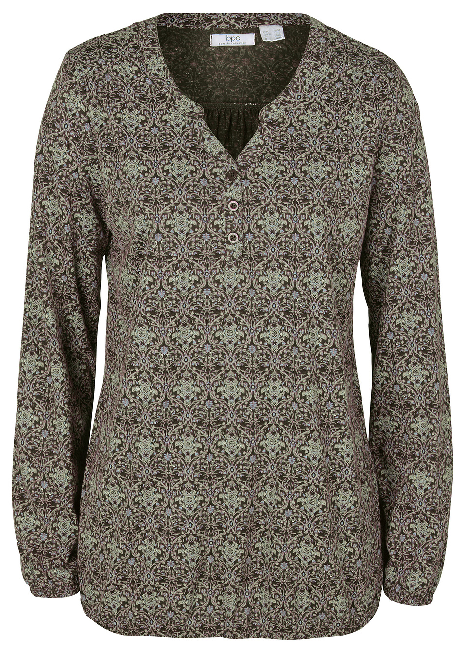 Μακρυμάνικη εμπριμέ μπλούζα Henley-Πράσινο του καπνού-bpc bonprix collection
