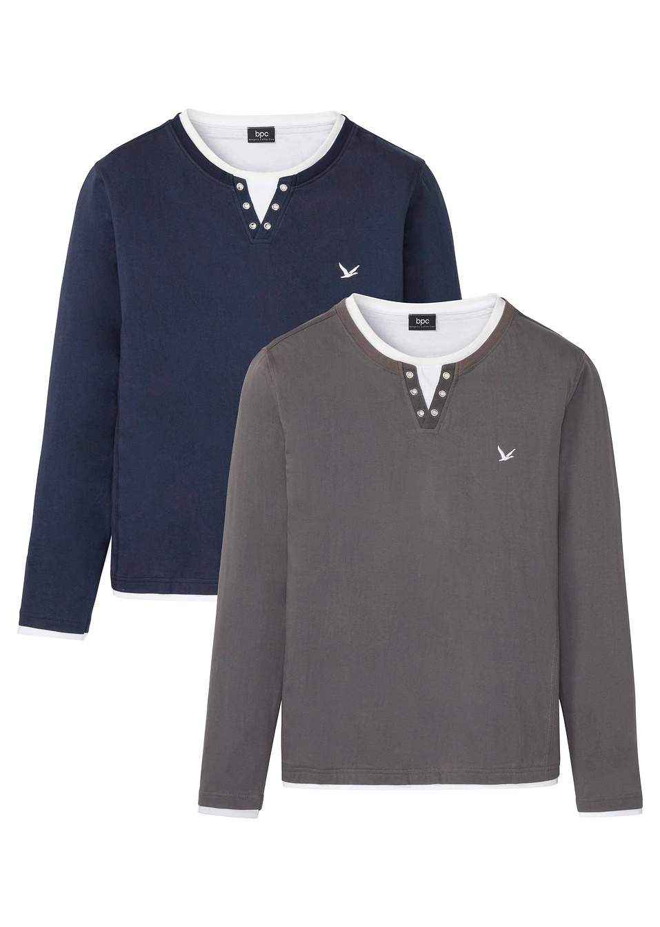 Блуза с дълъг ръкав 2 в 1 (опаковка с 2 бр.)-Тъмно синьо + Опушено сиво-bpc bonprix collection