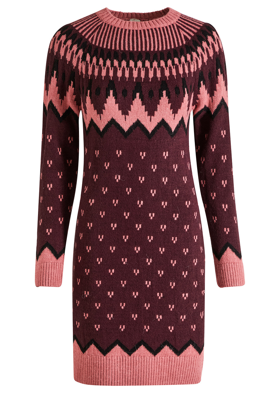 Πλεκτό φόρεμα με νορβηγικό μοτίβο-Μπορντό/Ροζ σκούρο/Μαύρο νορβηγικό-BODYFLIRT boutique