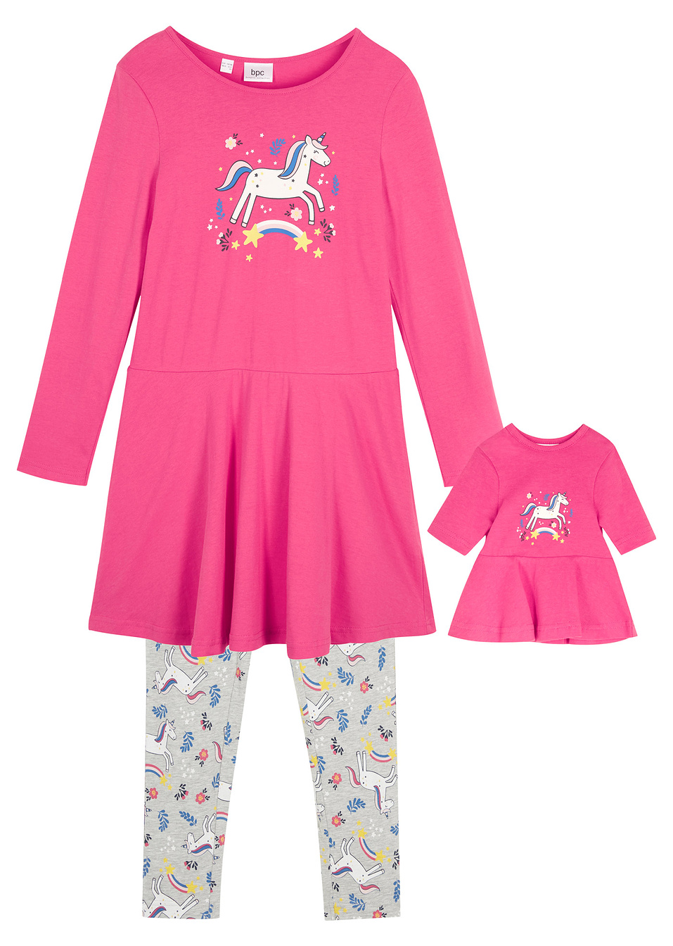 Рокля от жарсе, клин, рокля за кукла (комплект от 3 части)-Цикламено/Светло сиво меланж-bpc bonprix collection