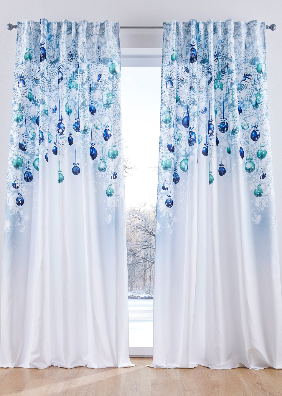 Κουρτίνα με χριστουγεννιάτικα σχέδια (μονή συσκευασία)-Λευκό/Μπλε/Πράσινο-bpc living bonprix collection