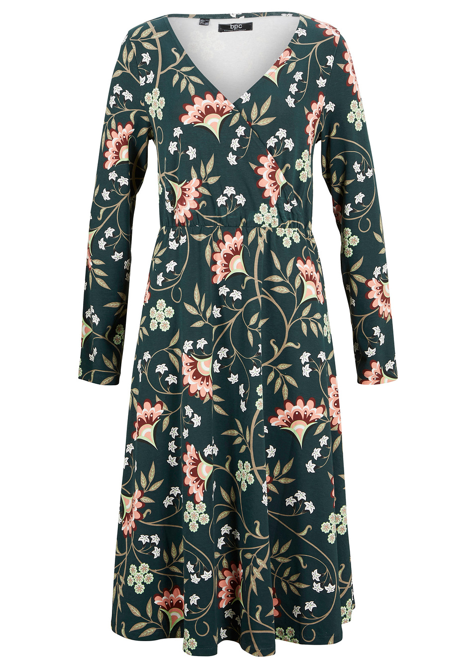 Εμπριμέ φόρεμα ζέρσεϊ-Πράσινο σκούρο φλοράλ-bpc bonprix collection