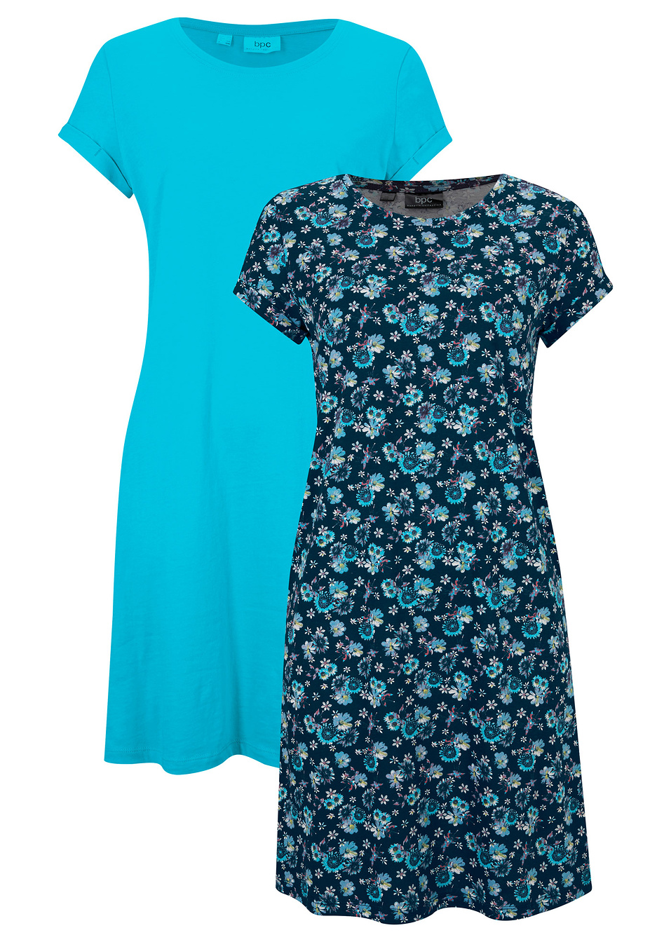 Φόρεμα ζέρσεϊ με σκισίματα στα πλαϊνά (συσκευασία των 2)-Μπλε σκούρο φλοράλ + Μπλε της Καραϊβικής-bpc bonprix collection