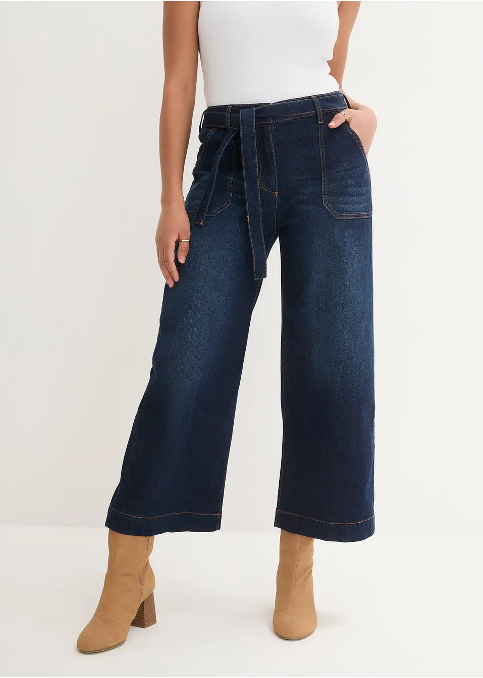 Πολύ μαλακό ψηλόμεσο τζιν με άνετο ζωνάκι loose fit cropped-bpc bonprix collection