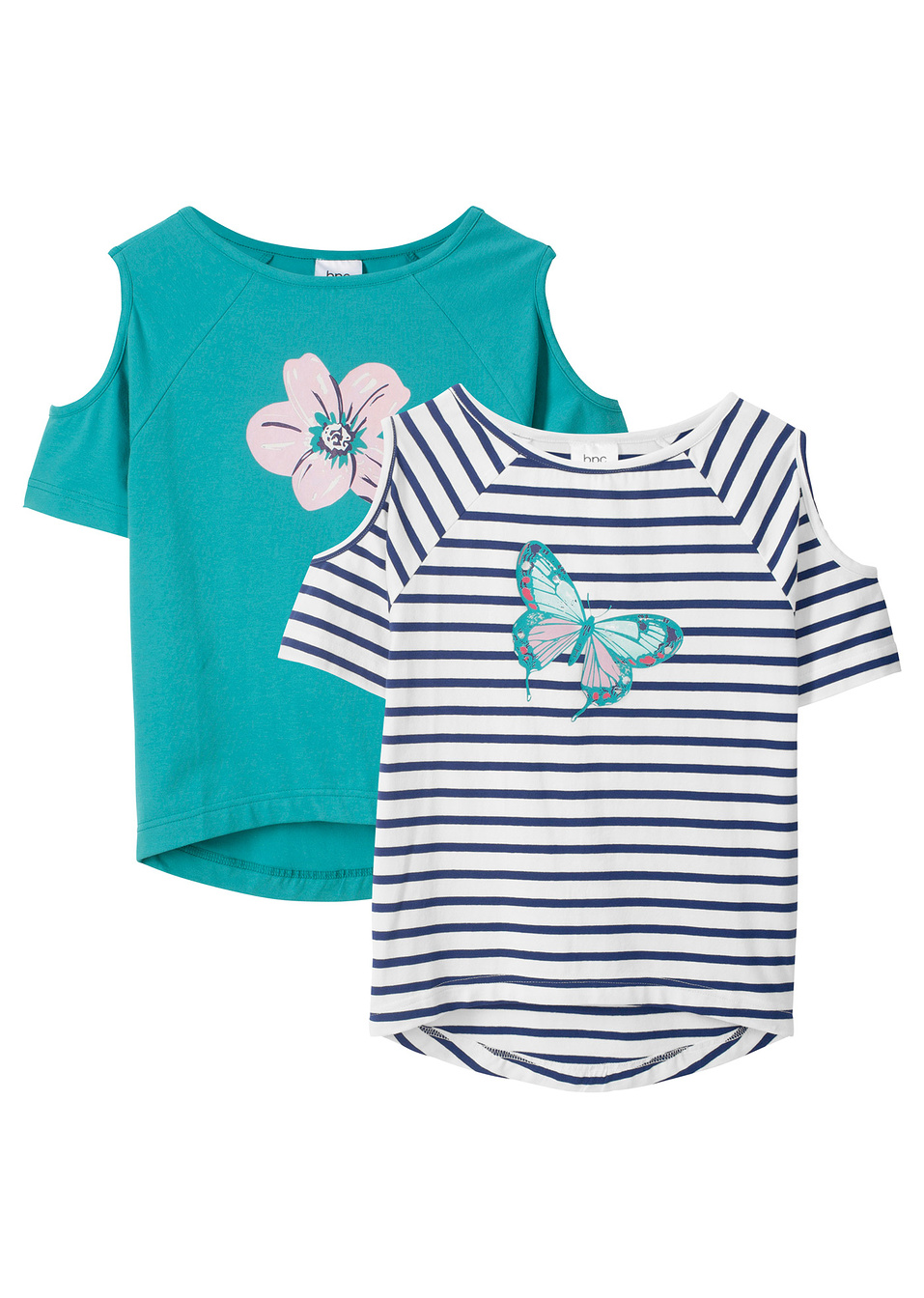 T-shirt με cut-outs (συσκευασία των 2)-Μπλε ριγέ + Πράσινο της θάλασσας με στάμπα-bpc bonprix collection