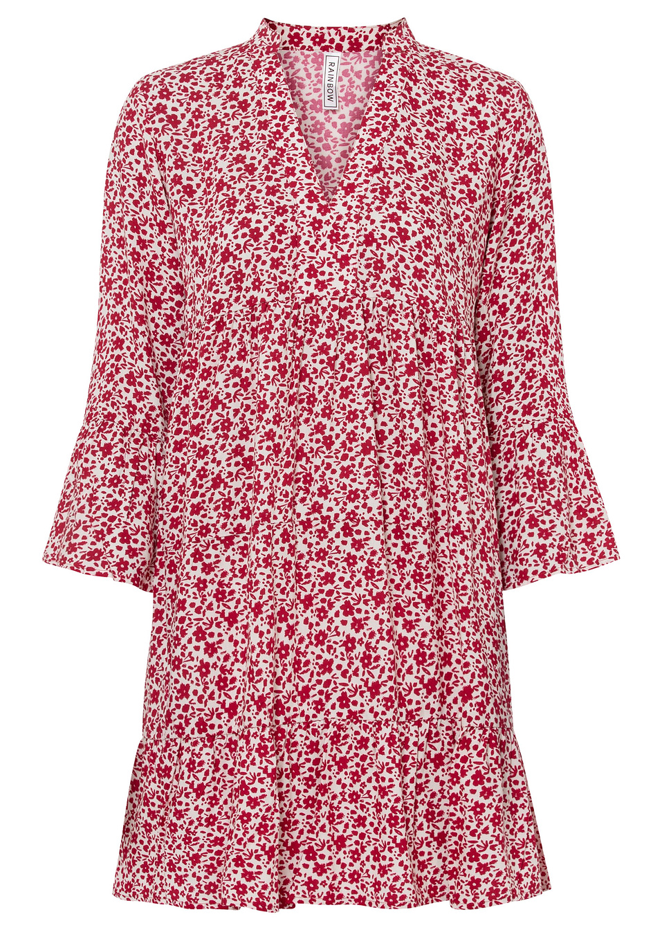 Φόρεμα από βιώσιμη βισκόζη με βολάν-Λευκό/Κόκκινο του ηλιοβασιλέματος φλοράλ-RAINBOW