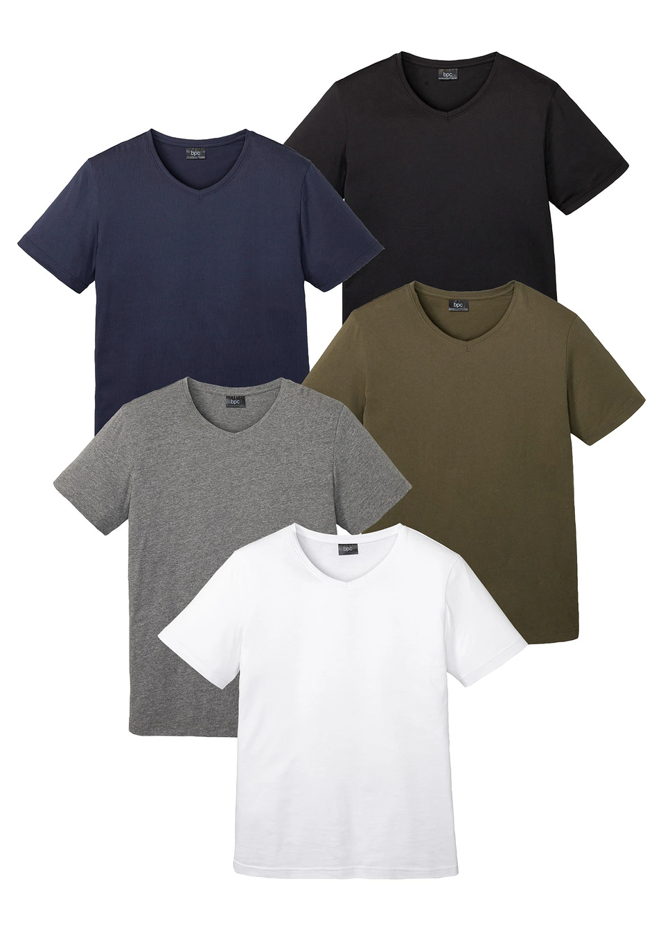 T-shirt με λαιμόκοψη V (συσκευασία των 5)-Λευκό + Γκρι μελανζέ + Πράσινο λαδί σκούρο + Μπλε-bpc bonprix collection