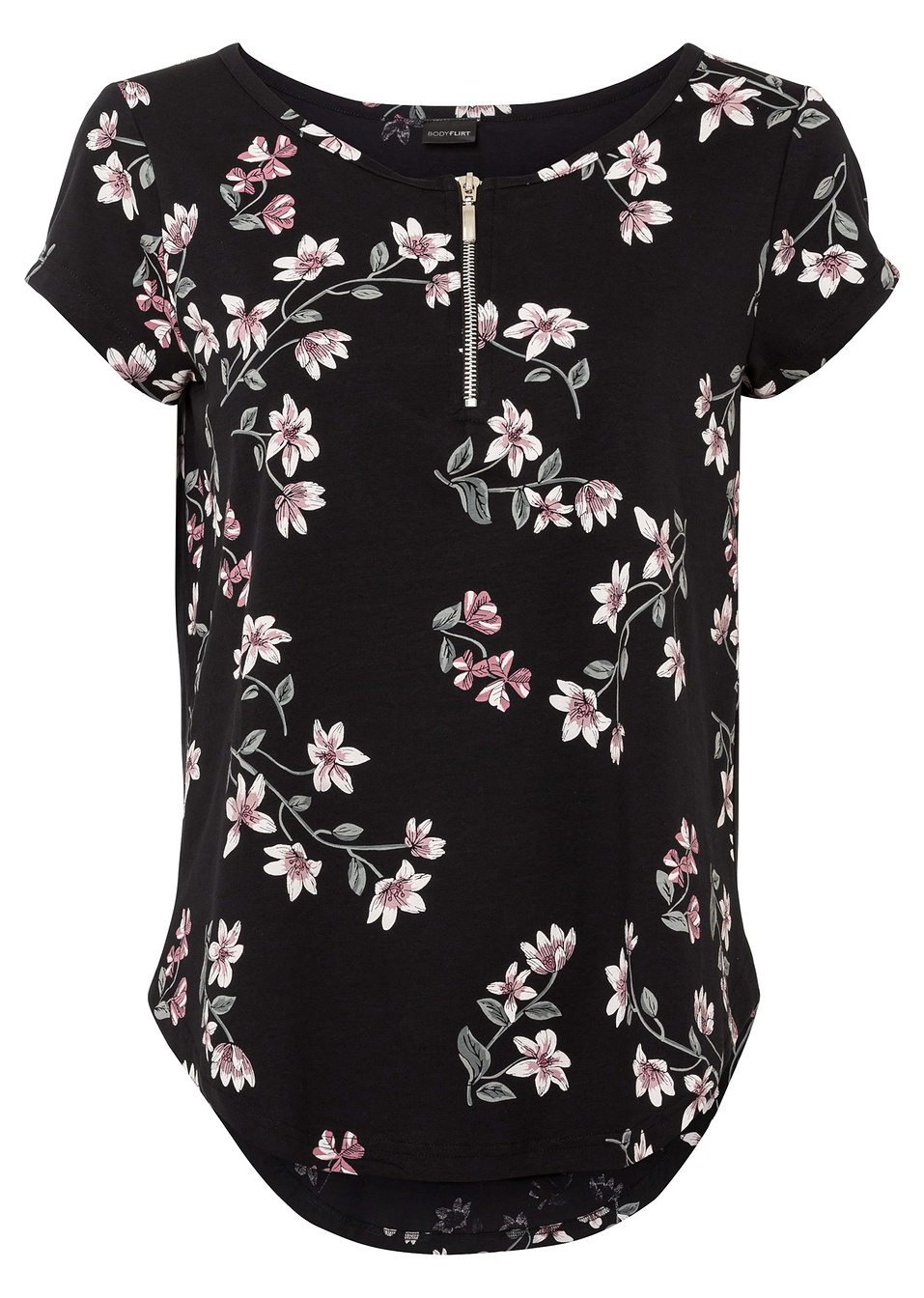 Μπλούζα με φερμουάρ-Μαύρο/Ροζ φλοράλ-BODYFLIRT