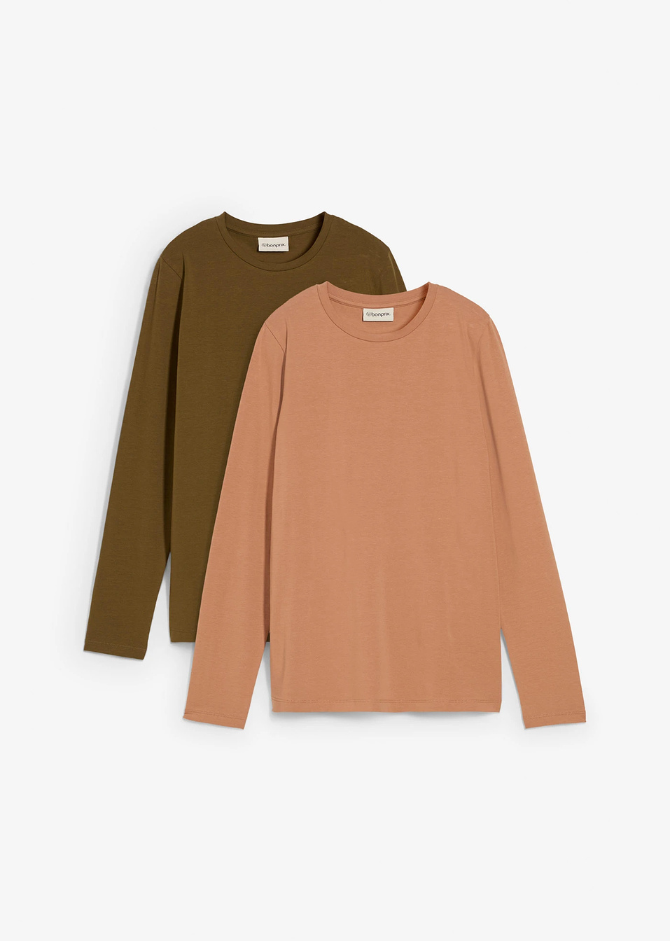 Μακρυμάνικη μπλούζα (συσκευασία των 2)-Καφέ/Πράσινο λαδί-bpc bonprix collection