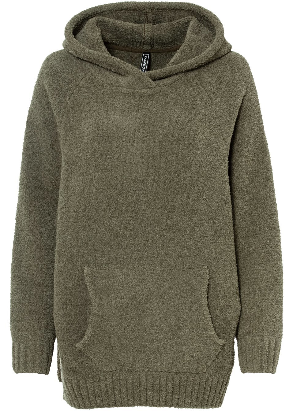 Πουλόβερ με μαλλιαρή εμφάνιση και κουκούλα-Πράσινο λαδί σκούρο-RAINBOW