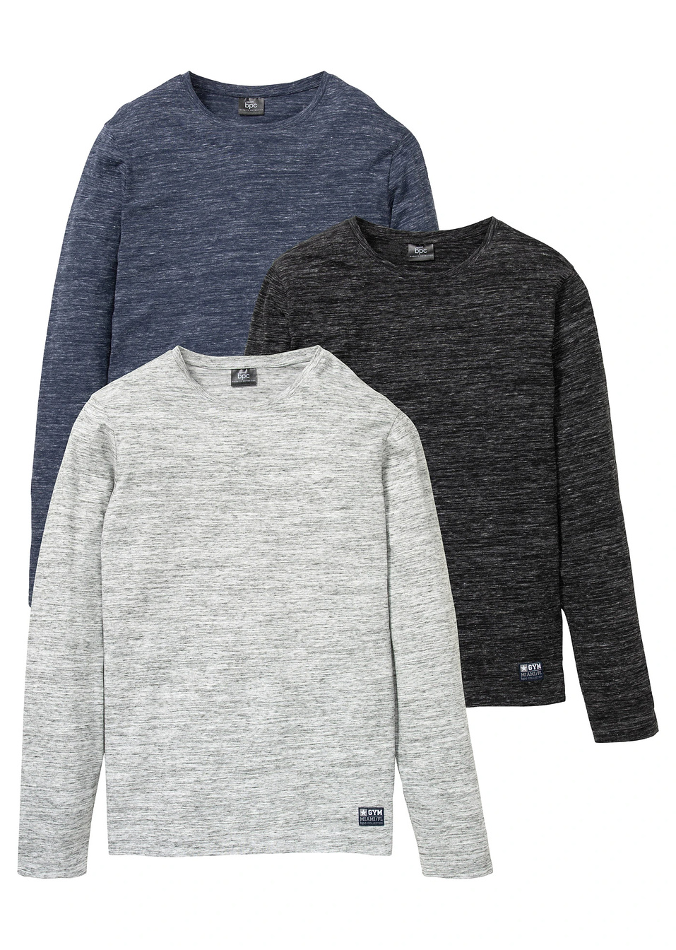 Блуза с дълъг ръкав (опаковка с 3 бр.)-Тъмно синьо меланж + Черно меланж + Сиво меланж-bpc bonprix collection