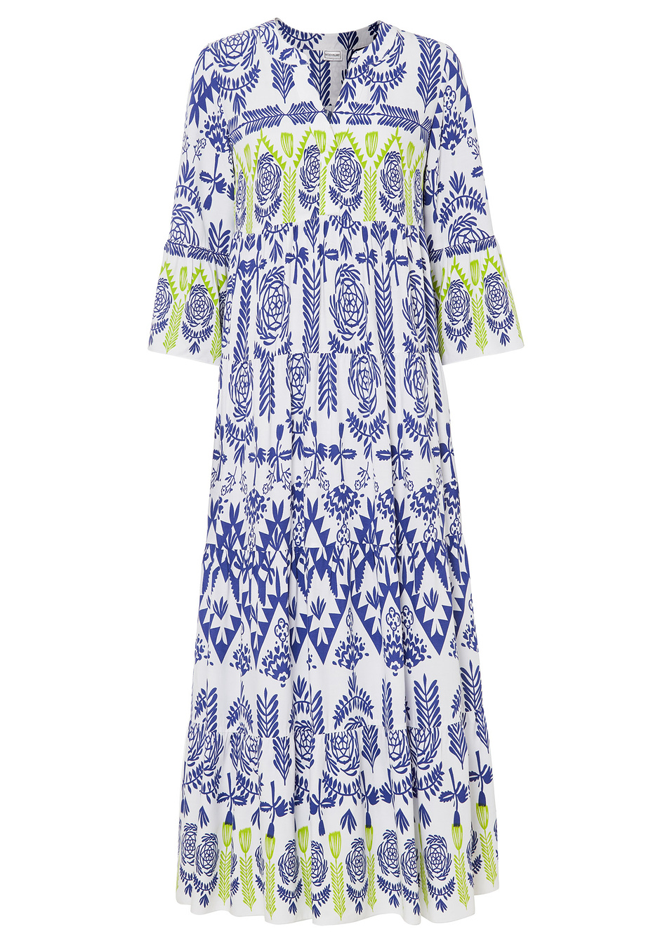 Μακρύ φόρεμα από βιώσιμη βισκόζη-Λευκό/Μπλε/Πράσινο εμπριμέ-BODYFLIRT