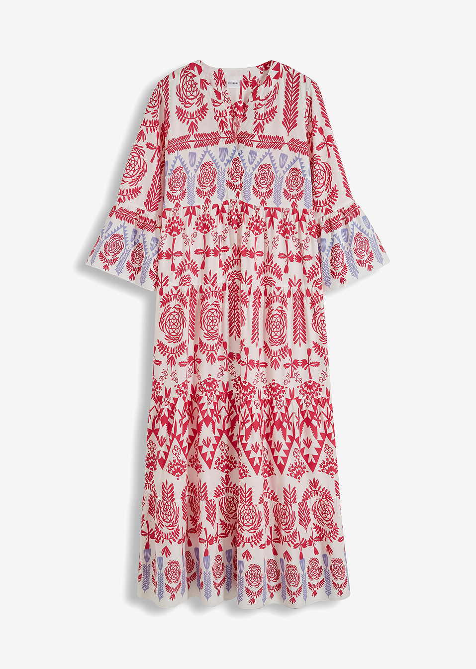 Μακρύ φόρεμα από βιώσιμη βισκόζη-Λευκό/Φούξια/Μπλε της μυρτιάς εμπριμέ-BODYFLIRT