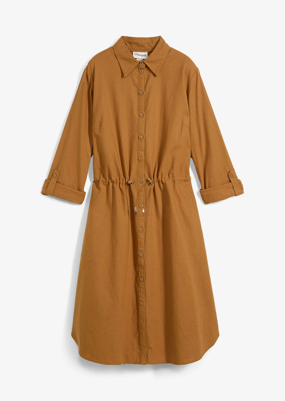 Λινό φόρεμα με λάστιχο στη μέση σε στιλ utility-Καφέ του κονιάκ-bpc bonprix collection