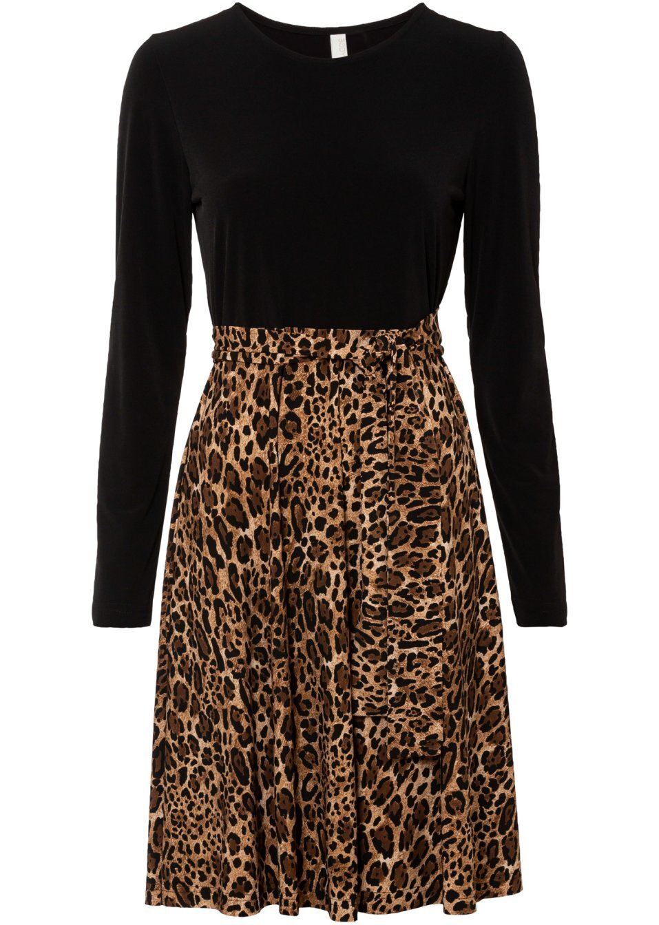 Φόρεμα με ζώνη-Μαύρο/Καφέ λεοπάρ-BODYFLIRT boutique