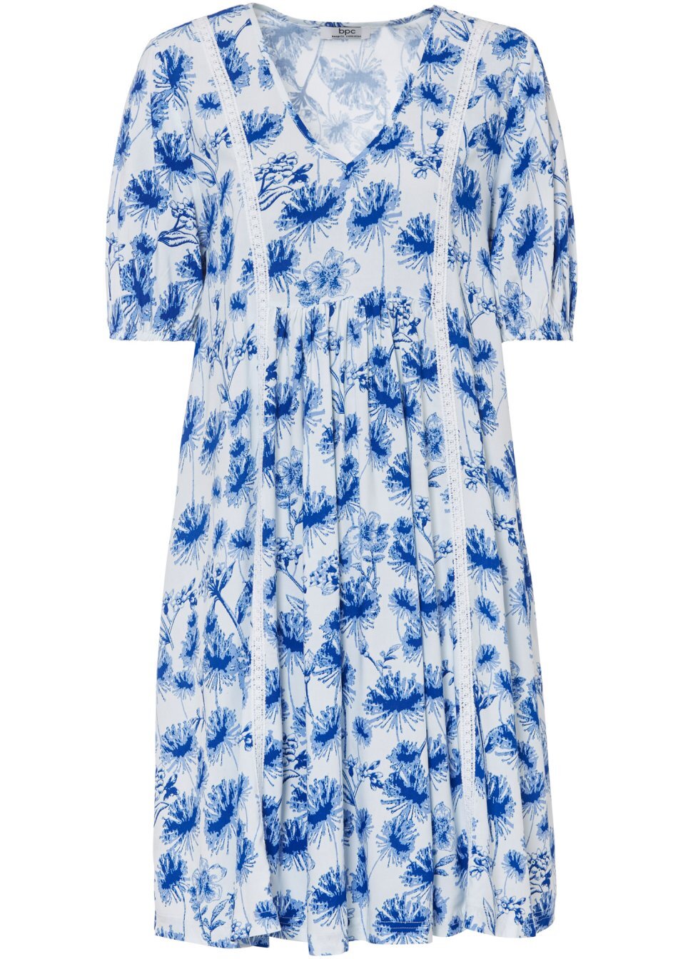 Φόρεμα τουνίκ έως το γόνατο με δαντέλα και μανίκια balloon-Λευκό/Μπλε εμπριμέ-bpc bonprix collection