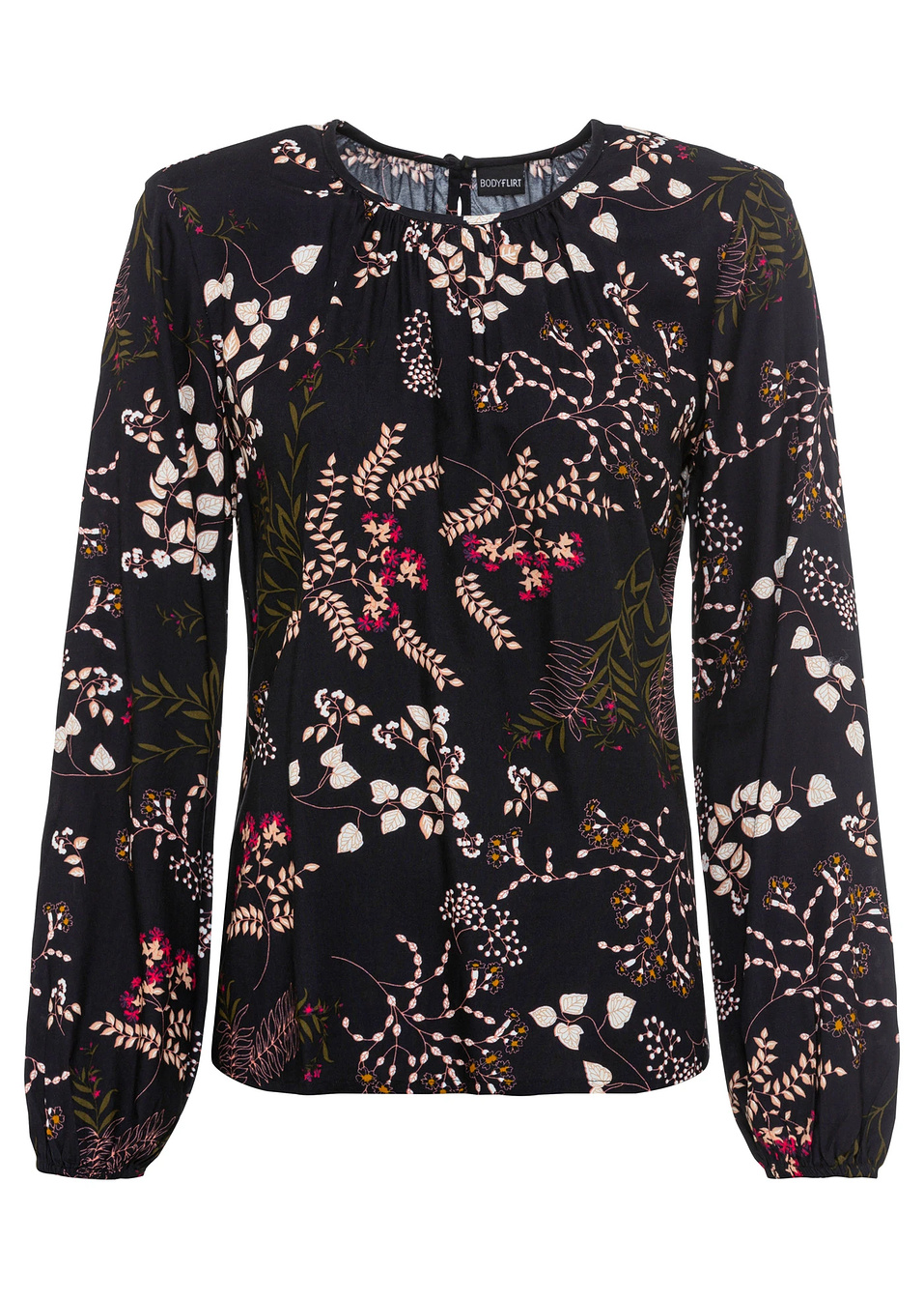 Εμπριμέ μπλούζα από βιώσιμη βισκόζη-Μπλε σκούρο φλοράλ-BODYFLIRT
