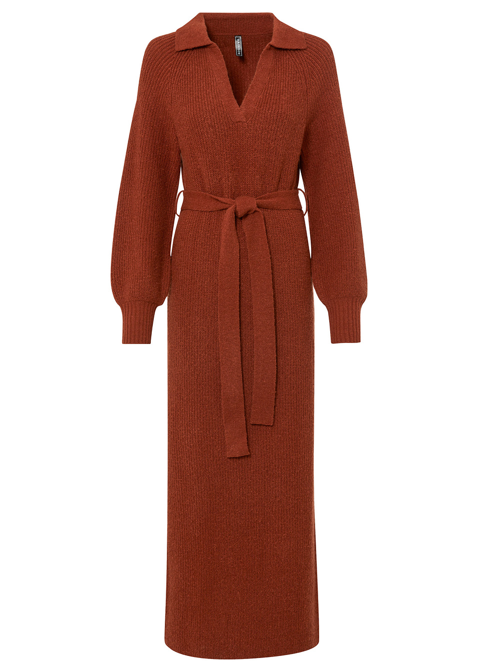 Μακρύ πλεκτό φόρεμα με ζώνη-Καφέ-RAINBOW