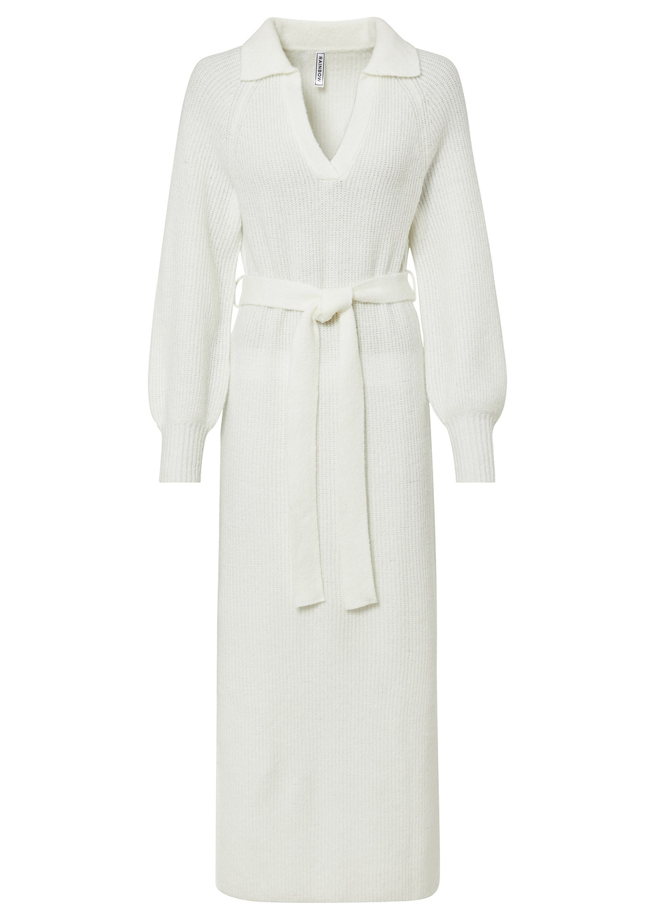 Μακρύ πλεκτό φόρεμα με ζώνη-Λευκό κρεμ-RAINBOW