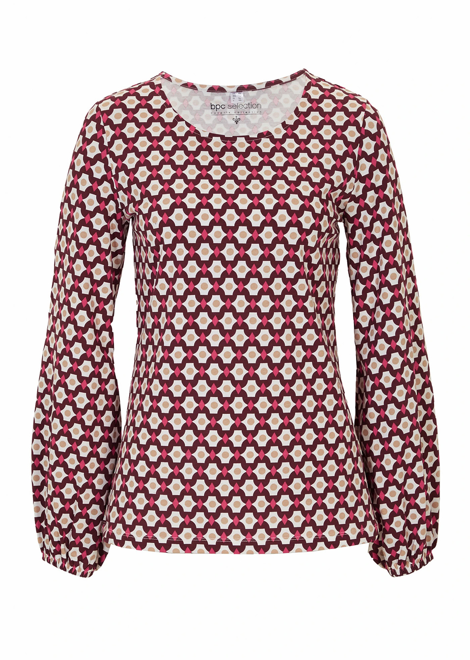 Μακρυμάνικη μπλούζα-Λευκό κρεμ/Σικλαμέν/Μελιτζανί με γεωμετρικό μοτίβο-bpc selection