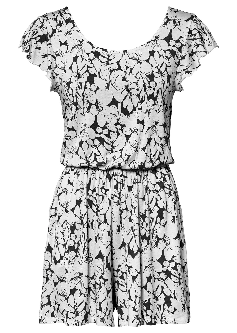 Κοντή ολόσωμη φόρμα από βιώσιμη βισκόζη-Μαύρο/Λευκό κρεμ εμπριμέ-RAINBOW