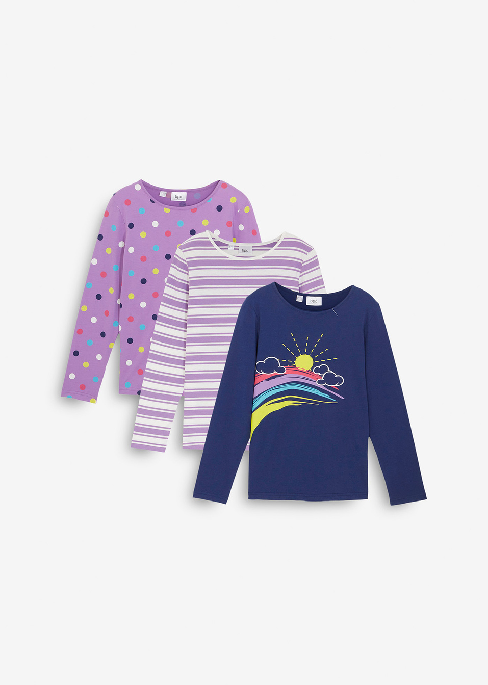 Μακρυμάνικη μπλούζα (συσκευασία των 3)-Μπλε της νύχτας + Λιλά έντονο + Λευκό κρεμ-bpc bonprix collection