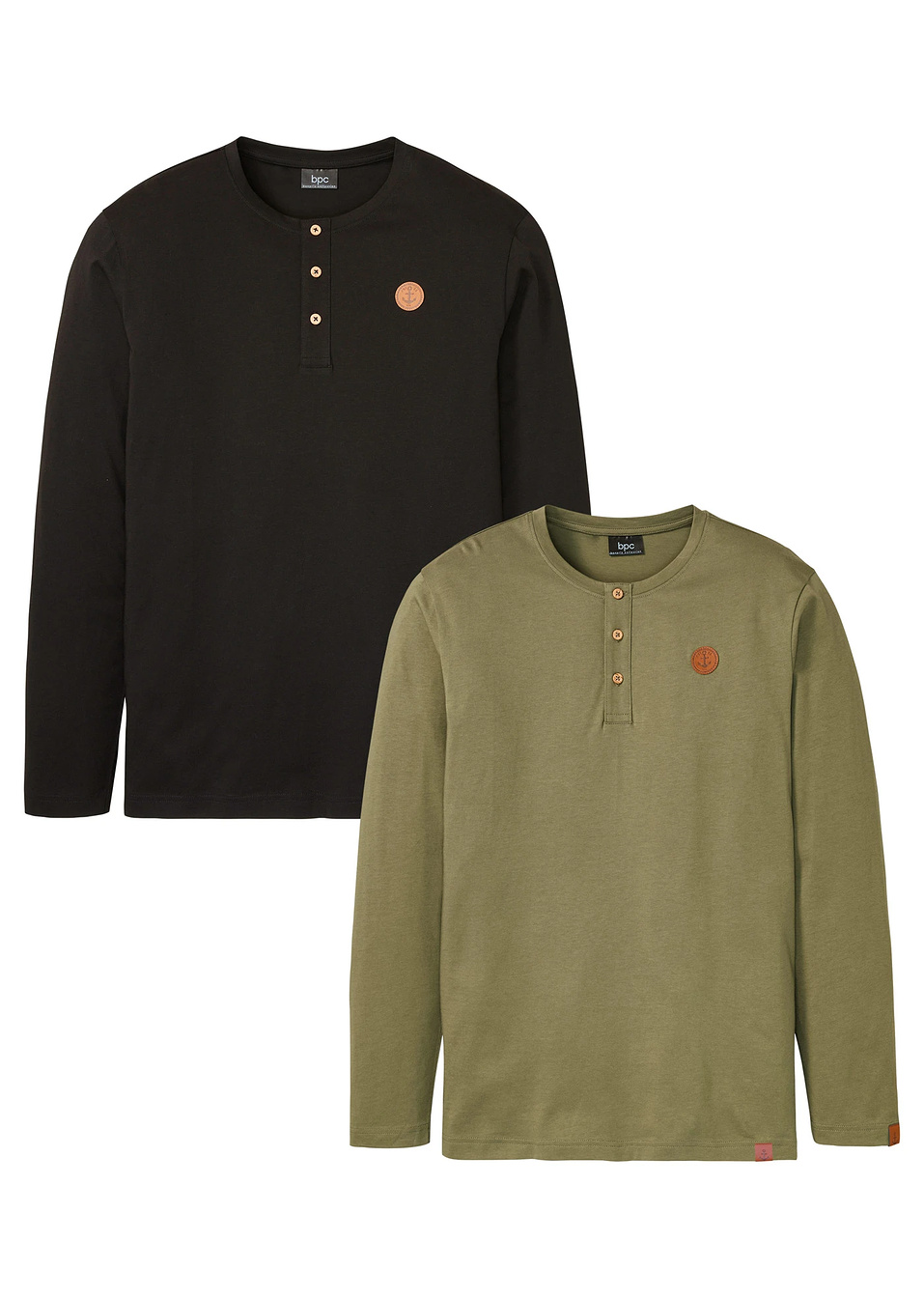 Μακρυμάνικη μπλούζα Henley (συσκευασία των 2) από βιολογικό βαμβάκι-Μαύρο + Πράσινο λαδί-bpc bonprix collection