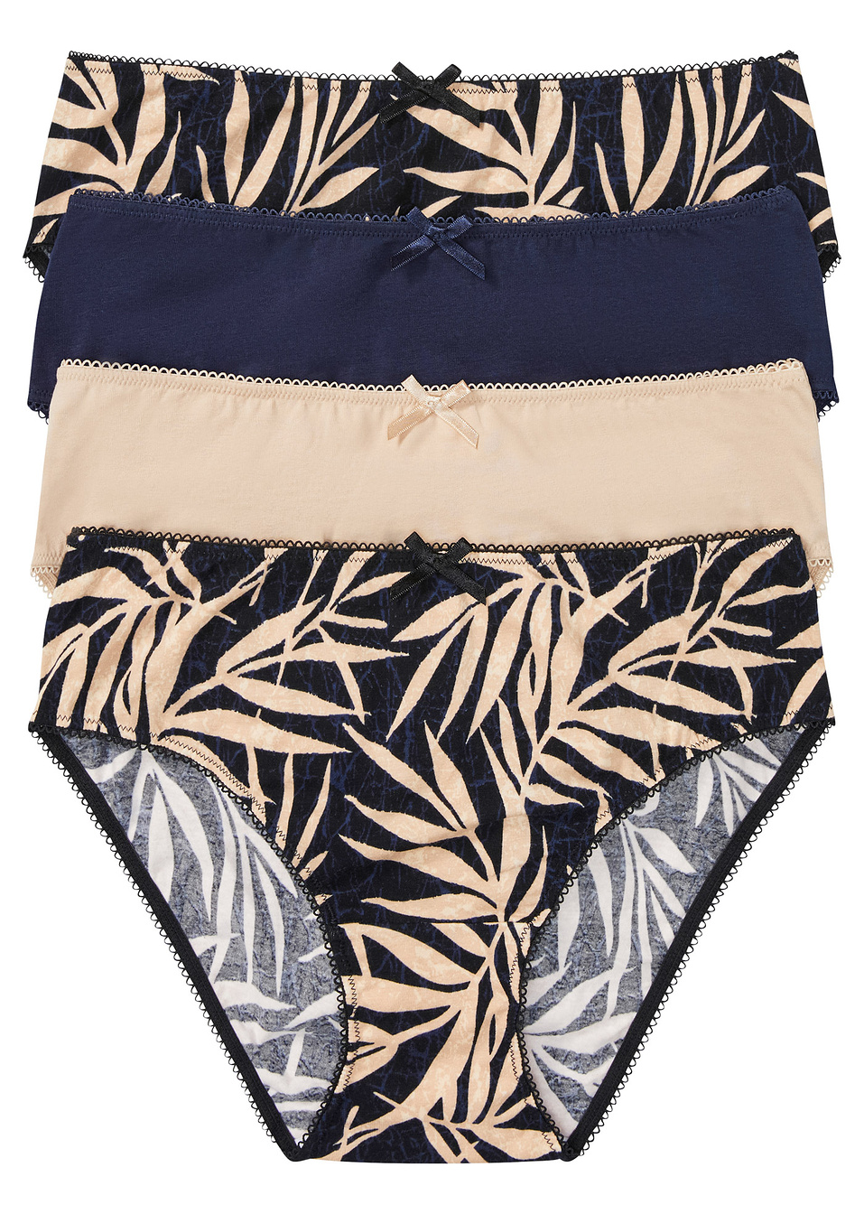 Ψηλόμεσο σλιπ (συσκευασία των 4) με βιολογικό βαμβάκι-Μαύρο/Μπεζ εμπριμέ + Μπλε σκούρο + Μπεζ της κιμωλίας-bpc bonprix collection