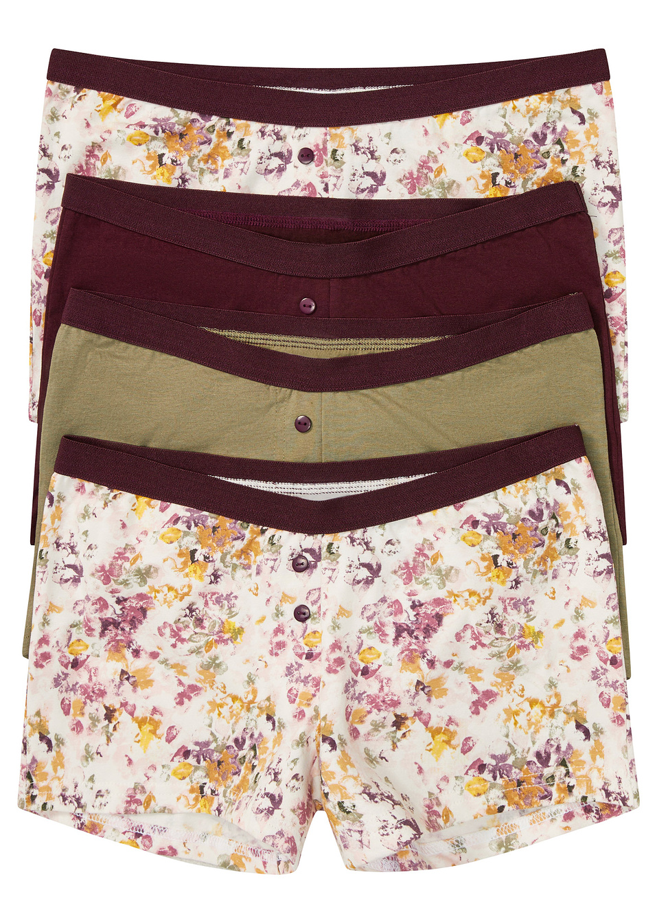 Εφαρμοστό γυναικείο μποξεράκι (συσκευασία των 4) με βιολογικό βαμβάκι-Φρούτα του δάσους εμπριμέ + Μπορντό + Πράσινο λαδί-bpc bonprix collection