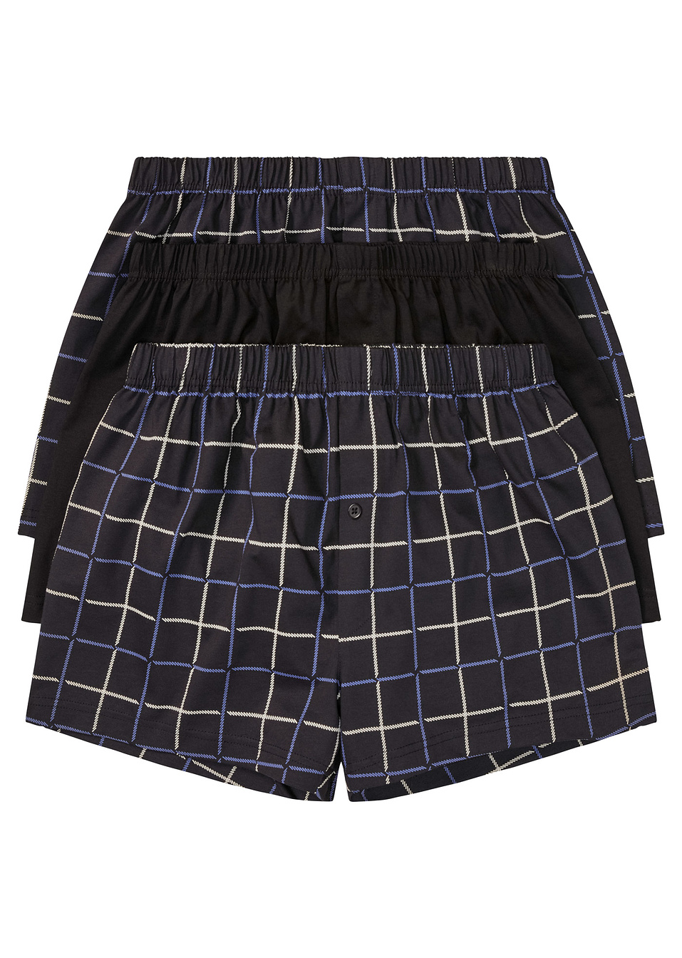 Φαρδύ μποξεράκι ζέρσεϊ (συσκευασία των 3)-Μαύρο/Μπλε καρό + Μαύρο-bpc bonprix collection