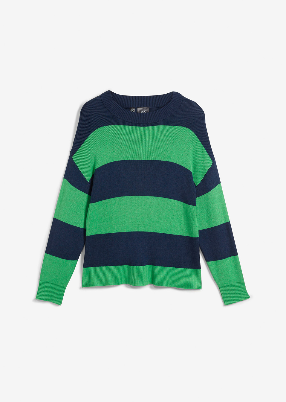 Πουλόβερ από λεπτό νήμα με στρογγυλή λαιμόκοψη-Πράσινο του γρασιδιού/Μπλε σκούρο ριγέ-bpc bonprix collection