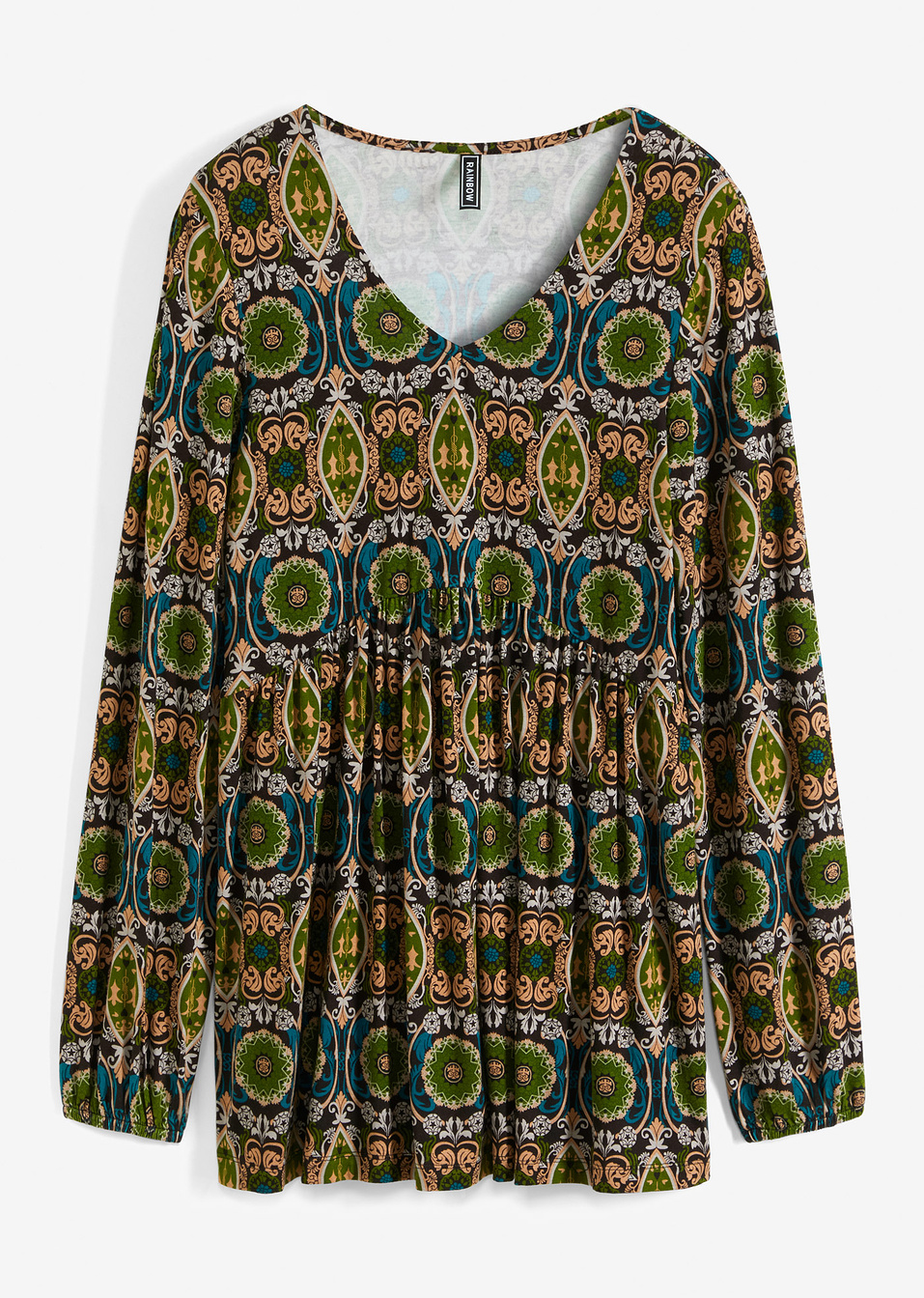 Μακρυμάνικη μπλούζα-Μαύρο/Πράσινο του δάσους/Καμηλό εμπριμέ-RAINBOW