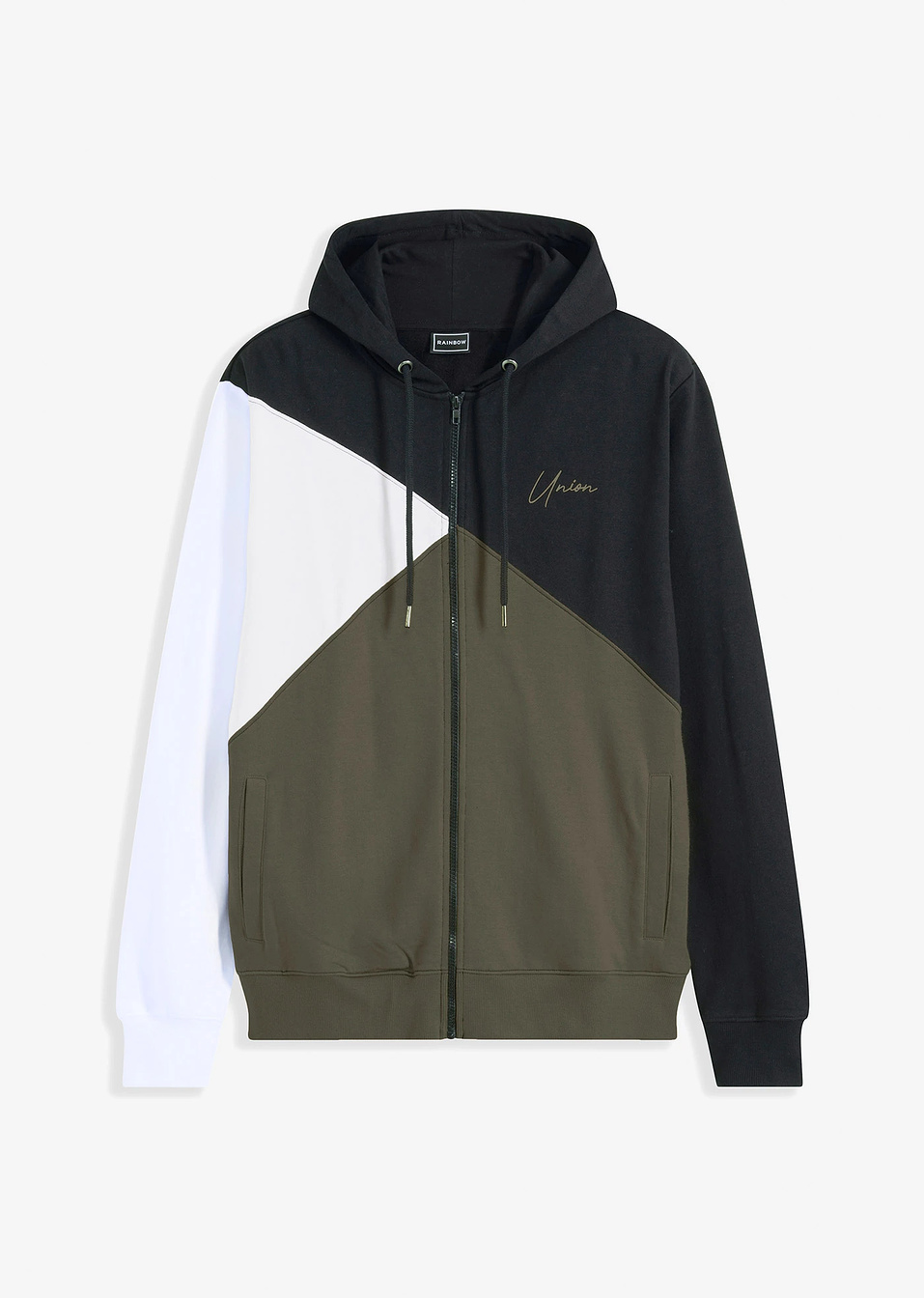 Суитчър от био памукс цип и качулка-Черно/Бяло/Масленозелено тъмно-RAINBOW