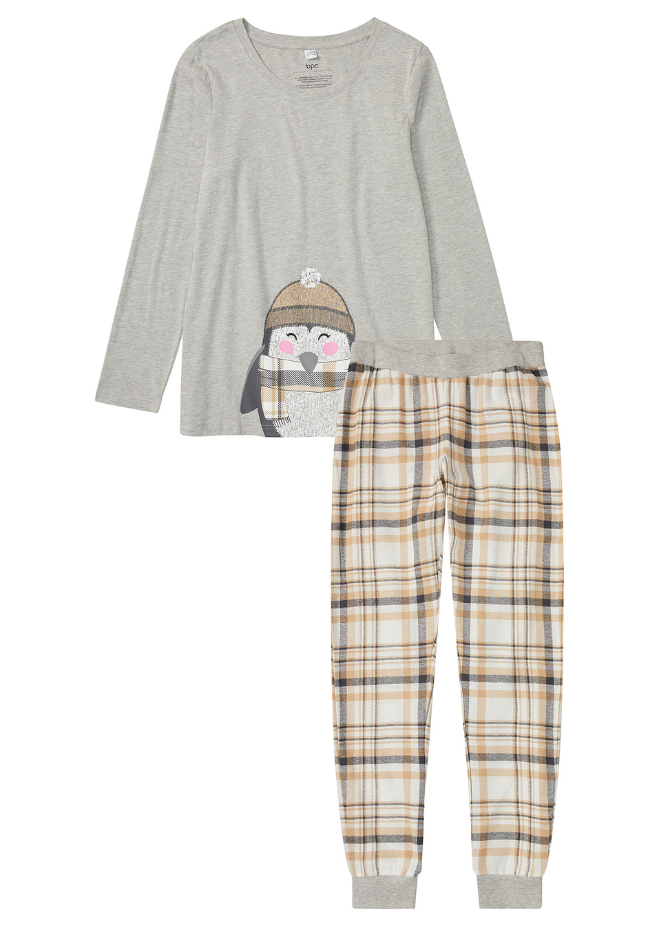Πιτζάμα με φανελένιο παντελόνι (σετ 2 τεμ.)-Γκρι ανοιχτό μελανζέ/Λευκό κρεμ καρό-bpc bonprix collection