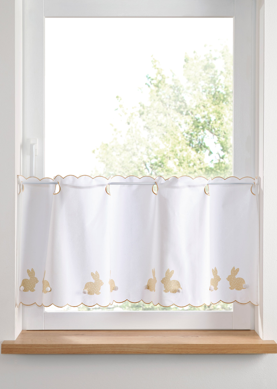 Завеса тип бистро от био памук със зайчета-Бяло/Пясъчно-bpc living bonprix collection