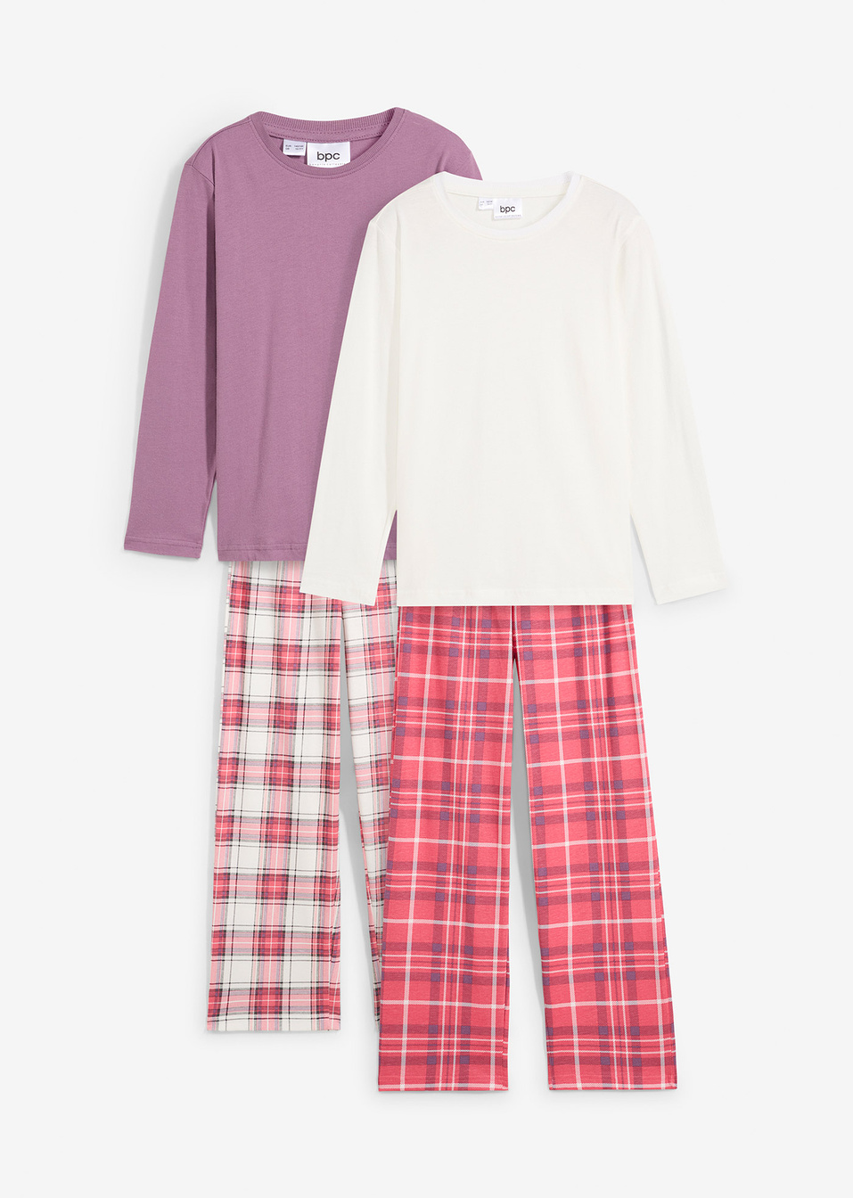 Πιτζάμα από βιολογικό βαμβάκι (συσκευασία των 2)-Λευκό κρεμ/Μωβ σκούρο/Σομόν καρό-bpc bonprix collection
