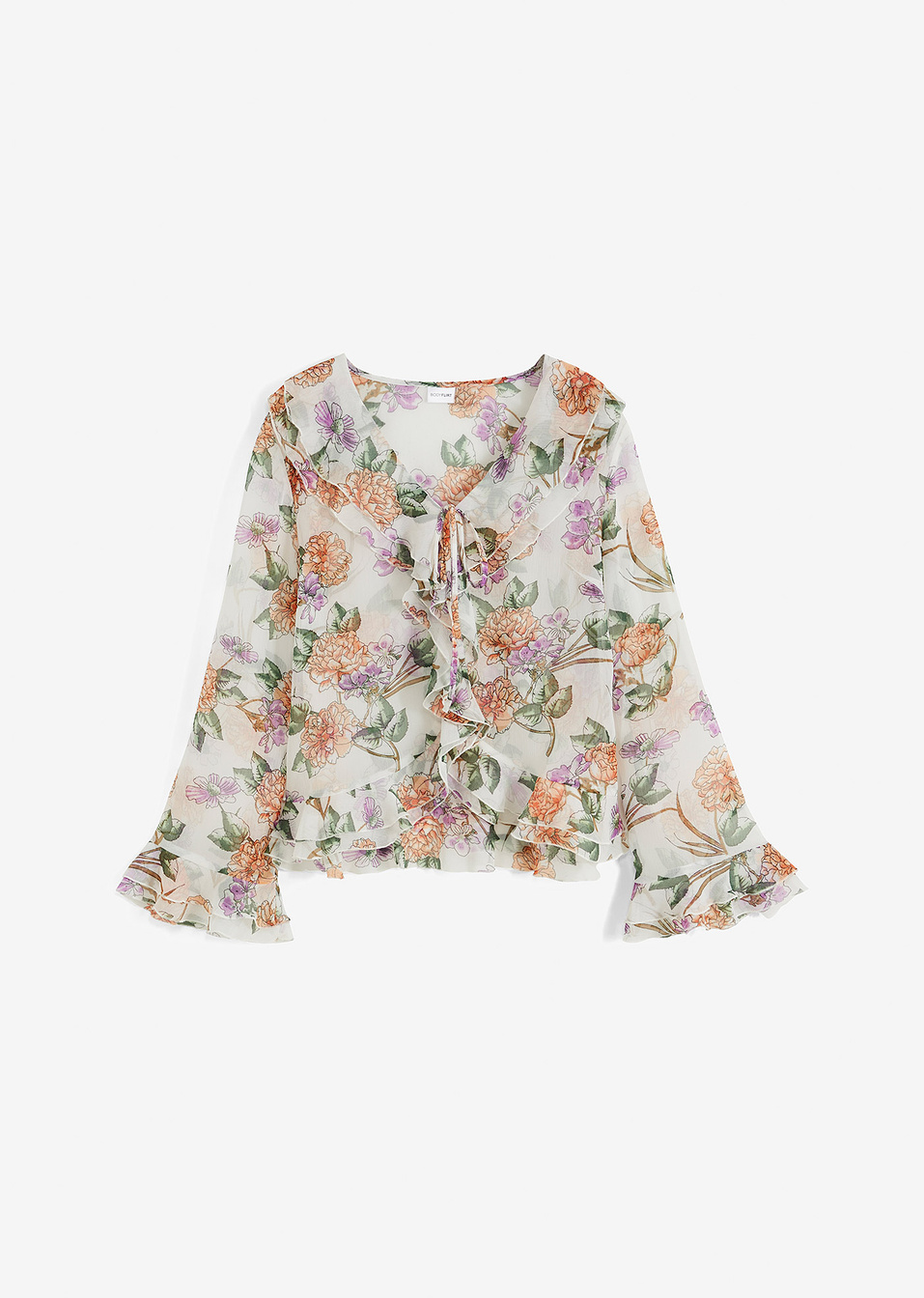 Εμπριμέ μπλούζα με βολάν-Λευκό φλοράλ-bonprix