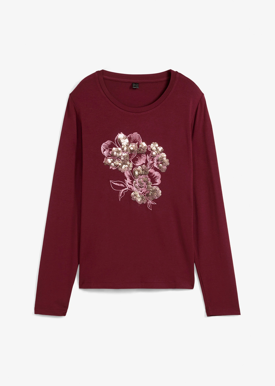 Μακρυμάνικη μπλούζα με παγιέτες-Κόκκινο σκούρο με χρυσή στάμπα-bpc selection