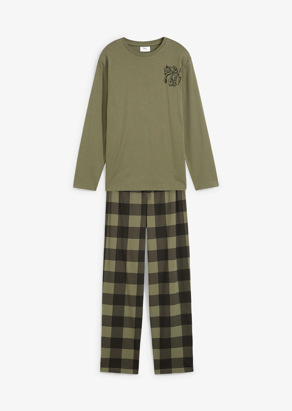 Πιτζάμα από βιολογικό βαμβάκι-Πράσινο λαδί/Μαύρο καρό-bpc bonprix collection