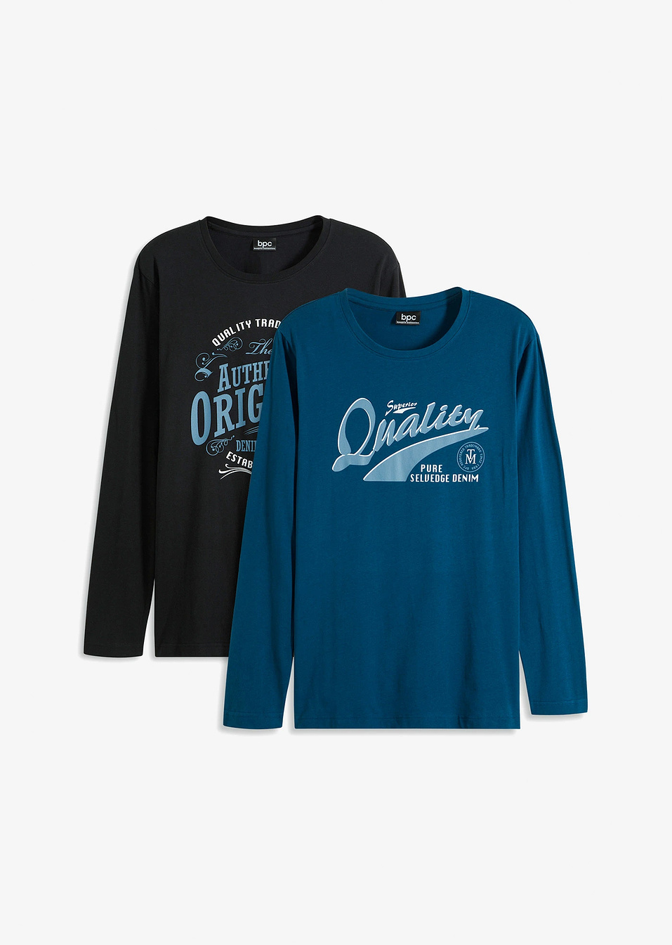 Блуза с дълъг ръкав от био памук (опаковка с 2 бр.)-Черно + Петрол тъмно-bpc bonprix collection