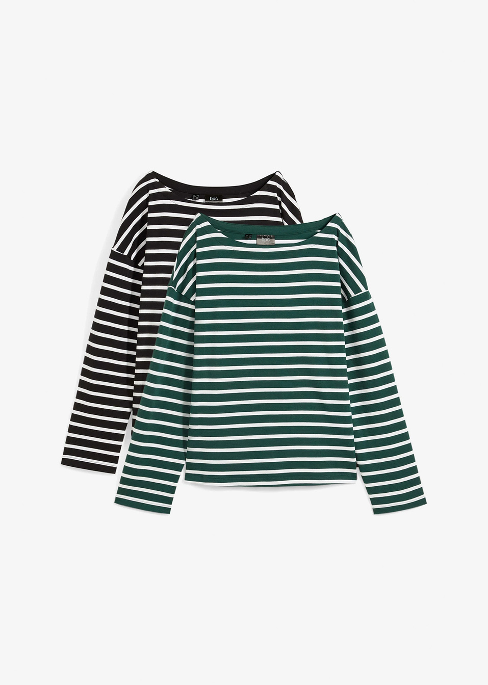 Μακρυμάνικη μπλούζα από βιολογικό βαμβάκι με λαιμόκοψη χαμόγελο (συσκευασία των 2)-Πράσινο σκούρο + Μαύρο ριγέ-bpc bonprix collection