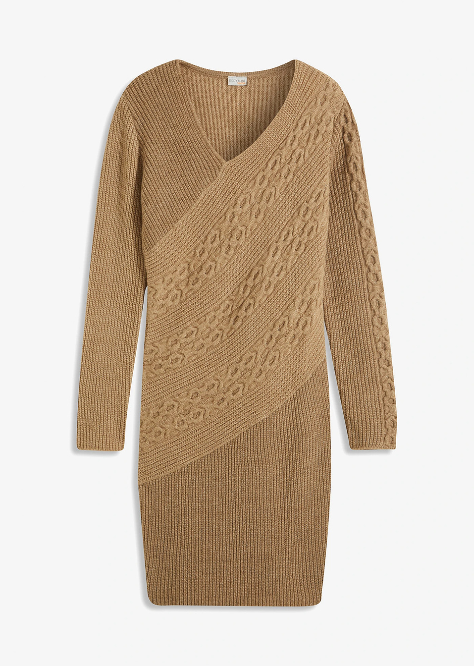 Πλεκτό φόρεμα ριμπ με πλέξη κοτσίδα-Καφέ ανοιχτό-BODYFLIRT boutique