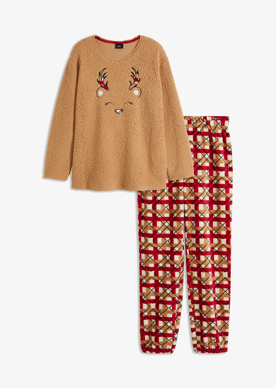 Πιτζάμα φλις με κεντήματα-Καπουτσίνο/Κόκκινο καρό-bpc bonprix collection