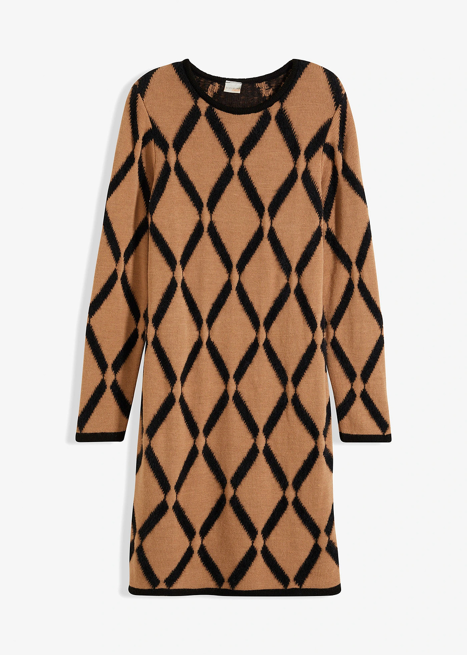 Πλεκτό φόρεμα με ρόμβους-Καφέ ανοιχτό/Μαύρο καρό-BODYFLIRT boutique
