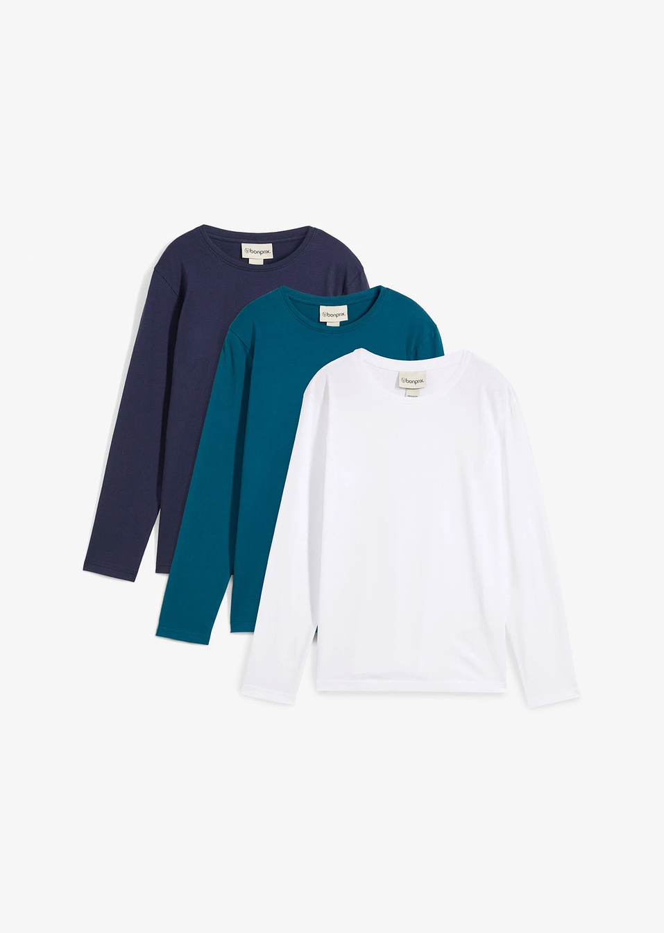 Μακρυμάνικη μπλούζα από καθαρό βιολογικό βαμβάκι (συσκευασία των 3)-Πετρόλ σκούρο + Μπλε σκούρο + Λευκό-bonprix