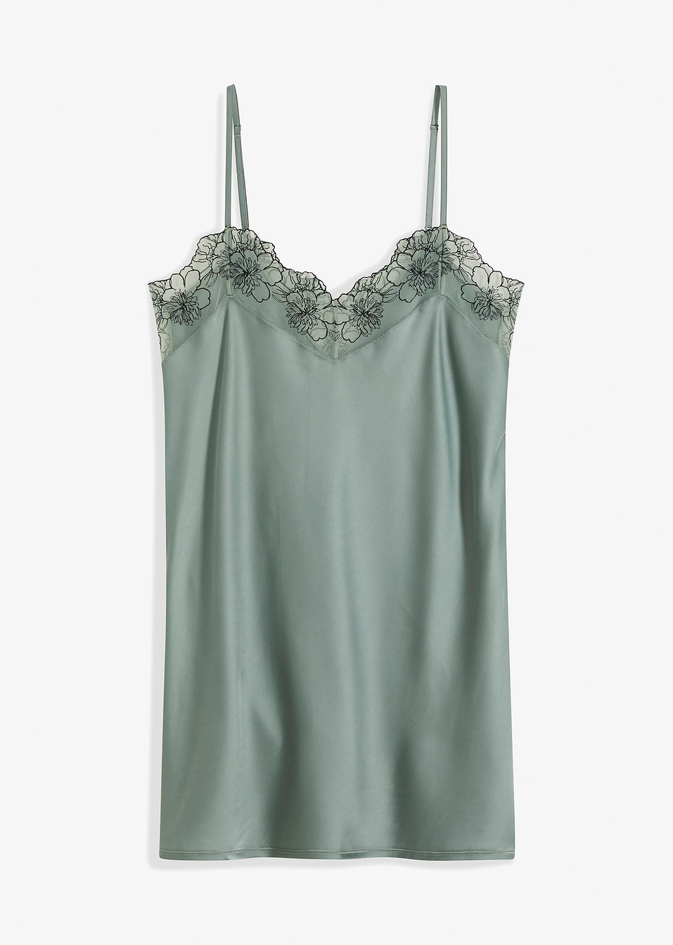 Σατέν κομπινεζόν με κεντήματα-Γκριζοπράσινο/Μαύρο-bonprix