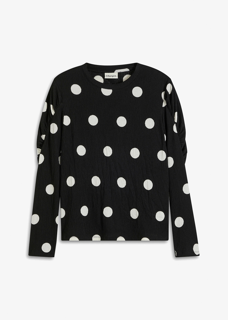 Μακρυμάνικη μπλούζα από ανάγλυφο κρεπ-Μαύρο/Λευκό πουά-bonprix